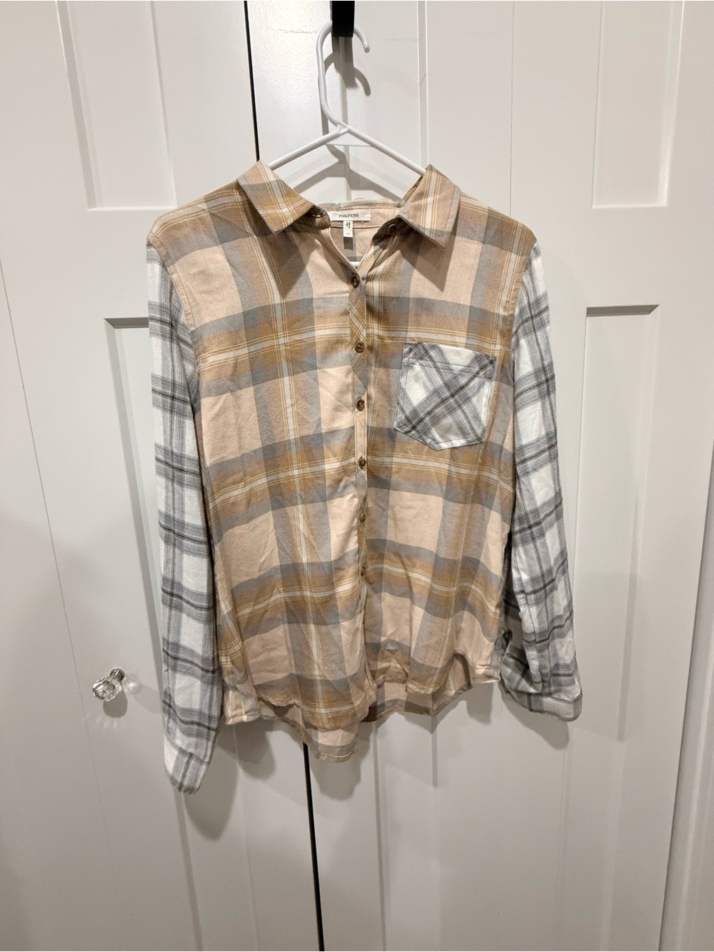 Maurices Two-Tone Plaid Button-Down Shirt in Beige and Gray